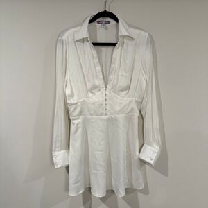 URBAN OUTFITTERS Phoebe Corseted White Mini‎ Dress Deep V Neck Long Sleeve L